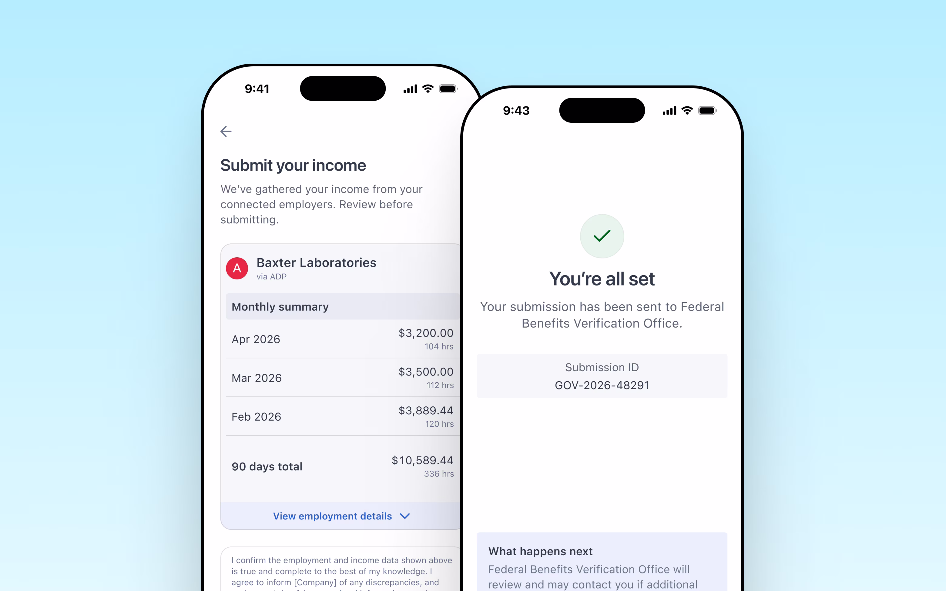 Government Self-Certification income review and submission confirmation screens